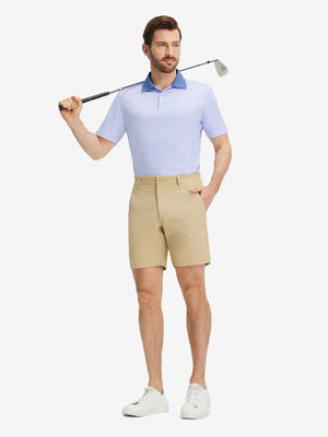 Front full body shot of model exercising in pink purple diamond premium ribbed collar print polo shirts