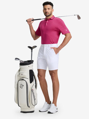 Front full body shot of model exercising in beetroot purple/charcoal htr non-curl ribbed collar striped polo shirts