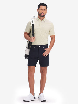 Front full body shot of model wearing beige white comfy breathable pin-stripe texture golf polos