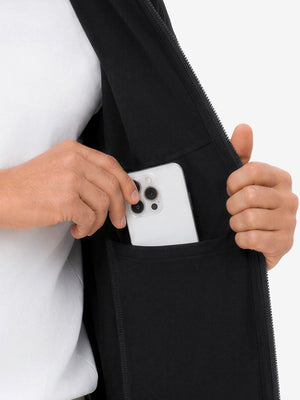 Close-up of inner pocket structure of garment, lightweight upf50+ short sleeve golf vests jacket in black