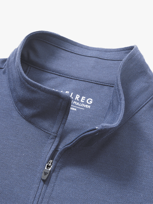 Collar close-up of Premium jacquard quarter zip pullover with zip detail in colony blue