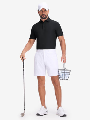 Front full body shot of model wearing black dry fit waffle textured collared golf shirts
