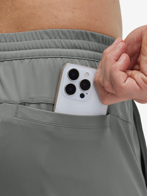Back view of pocket on iron grey 4 way stretch breathable workout athletic shorts