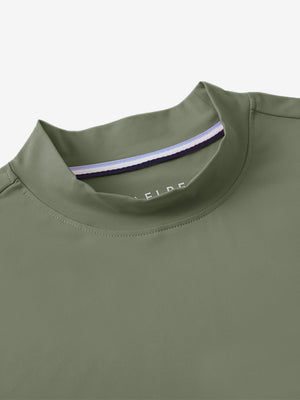 Detail view of mock neck on mossy stone women's moisture-wicking mock neck sleeveless golf tops