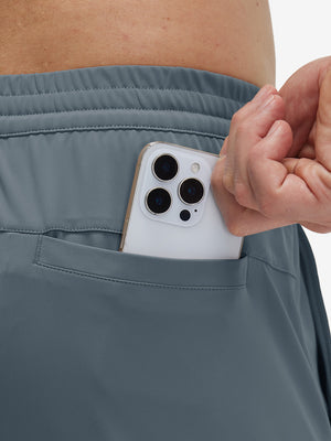 Back view of pocket on grey blue 4 way stretch breathable workout athletic shorts