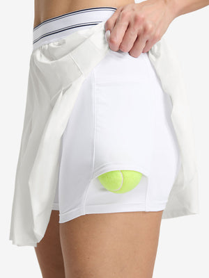 Detail view of inner pocket on white women's moisture-wicking athletic tennis skirts