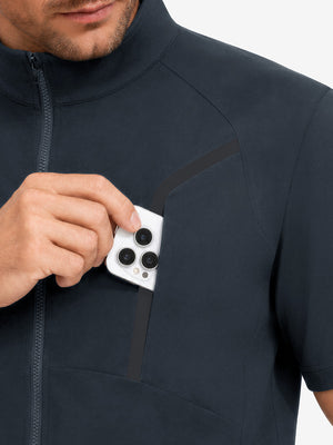 Display of outer pocket design feature, lightweight upf50+ short sleeve golf vests jacket in dark grey