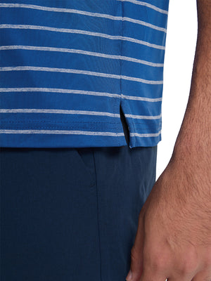 Detail view of hem on classic blue/airy blue non-curl ribbed collar striped polo shirts