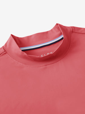 Detail view of mock neck on pink women's moisture-wicking mock neck sleeveless golf tops