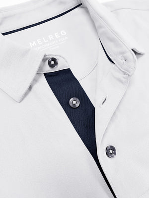 Collar and button detail close-up, ultra-comfort slim fit roma knit polo shirts in white