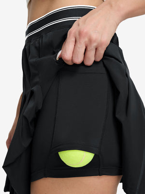 Detail view of inner pocket on black women's moisture-wicking athletic tennis skirts