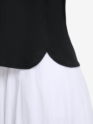Detail view of hem on black women's 5 buttons collared polo shirts