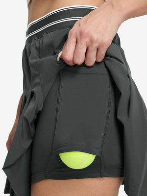 Detail view of inner pocket on dark grey women's moisture-wicking athletic tennis skirts