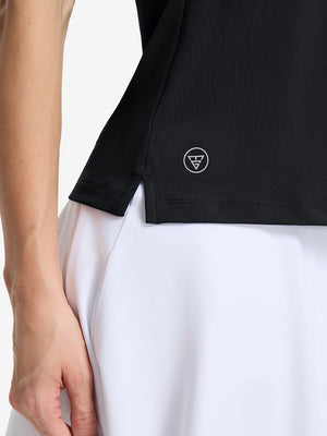 Detail view of hem on black women's collared v neck quick dry tank tops