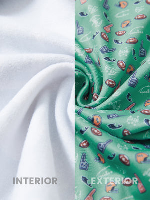 Close-up of the inner and outer fabric of youth full print stylish hoodies pullover in green rugby, showing texture and finish