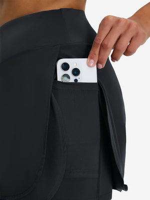 Detail view of side pocket on black women's gym golf shorts with liner pocket