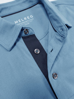 Collar and button detail close-up, ultra-comfort slim fit roma knit polo shirts in light blue