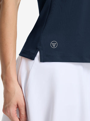 Detail view of hem on navy women's collared v neck quick dry tank tops