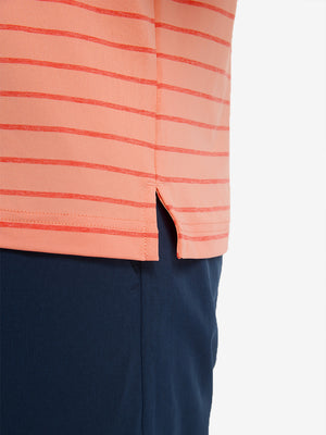 Detail view of hem on peach amber/calypso coral non-curl ribbed collar striped polo shirts