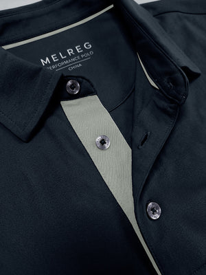 Collar and button detail close-up, ultra-comfort slim fit roma knit polo shirts in navy