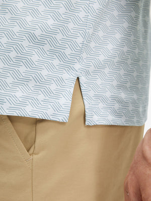 Detail view of hem on dark grey line premium ribbed collar print polo shirts