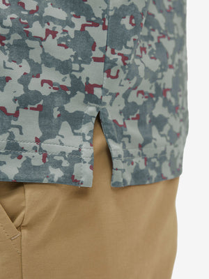 Detail view of hem on grey/wine camo premium ribbed collar print polo shirts