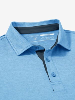 Collar and button detail close-up in blue heather of performance heather contrast collar polo shirts.