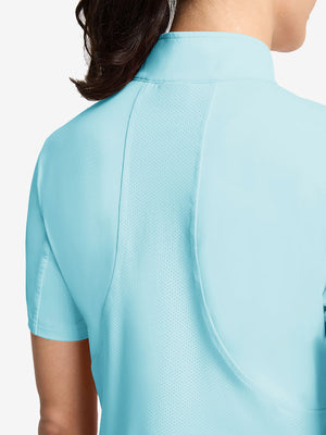 Detail view of back design on light blue women's breathable 1/4 zip pullover golf shirts