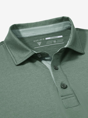 Collar and button detail close-up in celadon green heather of performance heather contrast collar polo shirts.