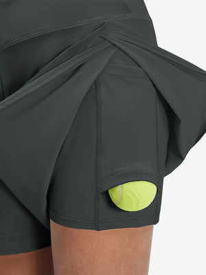 Detail view of side inner pocket on dark grey women's gym golf shorts with liner pocket