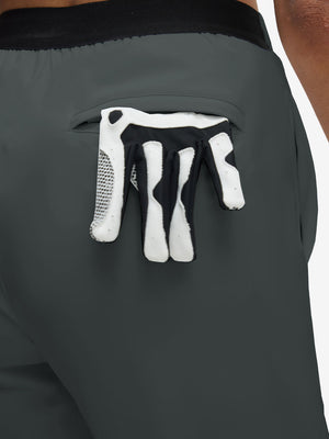 Back view of pocket on dark grey women's lightweight athletic sweatpants