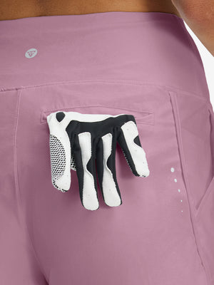 Back side view of pocket on lavender pink women's high waist 2 in 1 quick dry shorts with 7 pockets