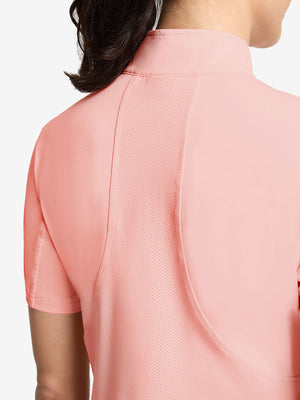 Detail view of back design on coral powder women's breathable 1/4 zip pullover golf shirts