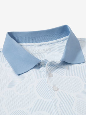 Detail view of collar on grey irregular shape premium ribbed collar print polo shirts