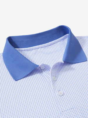 Detail view of collar on pink small fish premium ribbed collar print polo shirts