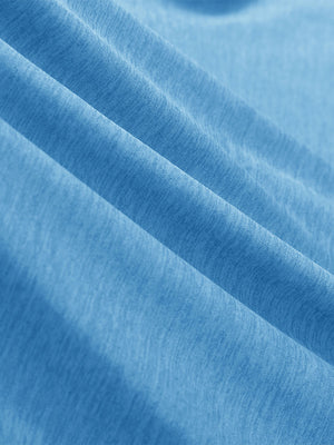  Close-up view of soft heather fabric texture and fine knitting craft, performance heather contrast collar polo shirts in blue heather