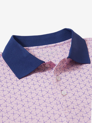 Detail view of collar on pink golf club premium ribbed collar print polo shirts
