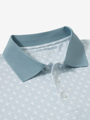 Detail view of collar on dark grey line premium ribbed collar print polo shirts