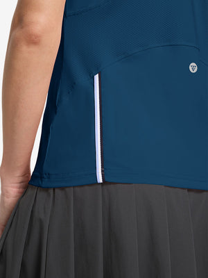 Detail view of hem design on blue women's breathable 1/4 zip pullover golf shirts