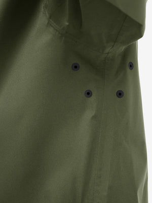 Detail view of underarm on army green waterproof lightweight rain jacket with hood