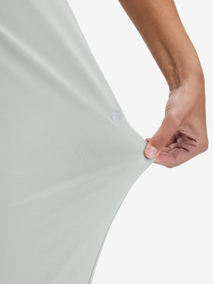View showing loose fit of silver gray women's lightweight athletic sweatpants