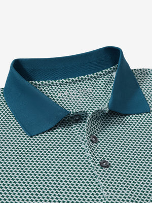 Detail view of collar on dark green oval premium ribbed collar print polo shirts