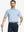 Front half-body shot of model holding golf club, wearing Sport Fit Stripe Polo in Blue Denim Stripe