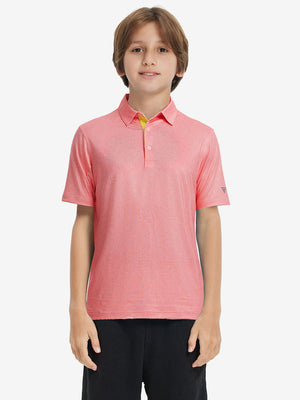 Front half-body shot of youth in candy pink line performance print boys golf polo, highlighting design and fit