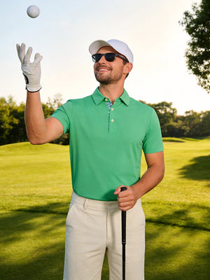 Model on outdoor golf course wearing irland green everyday classic solid polo