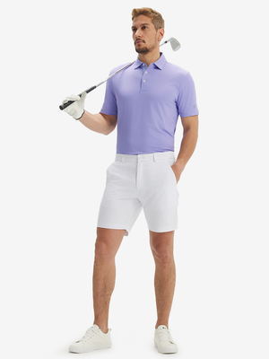 Full-body shot of a model wearing the lilac everyday classic solid polo, showing the complete casual look