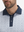 Front shot from nose to chest of model wearing navy antlers stylish full print contrast collared golf polo shirts