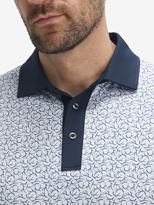 Front shot from nose to chest of model wearing navy antlers stylish full print contrast collared golf polo shirts