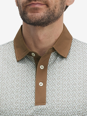Front shot from nose to chest of model wearing hexagon grid stylish full print contrast collared golf polo shirts