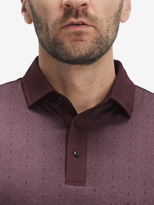 Front shot from nose to chest of model wearing dark red lines stylish full print contrast collared golf polo shirts